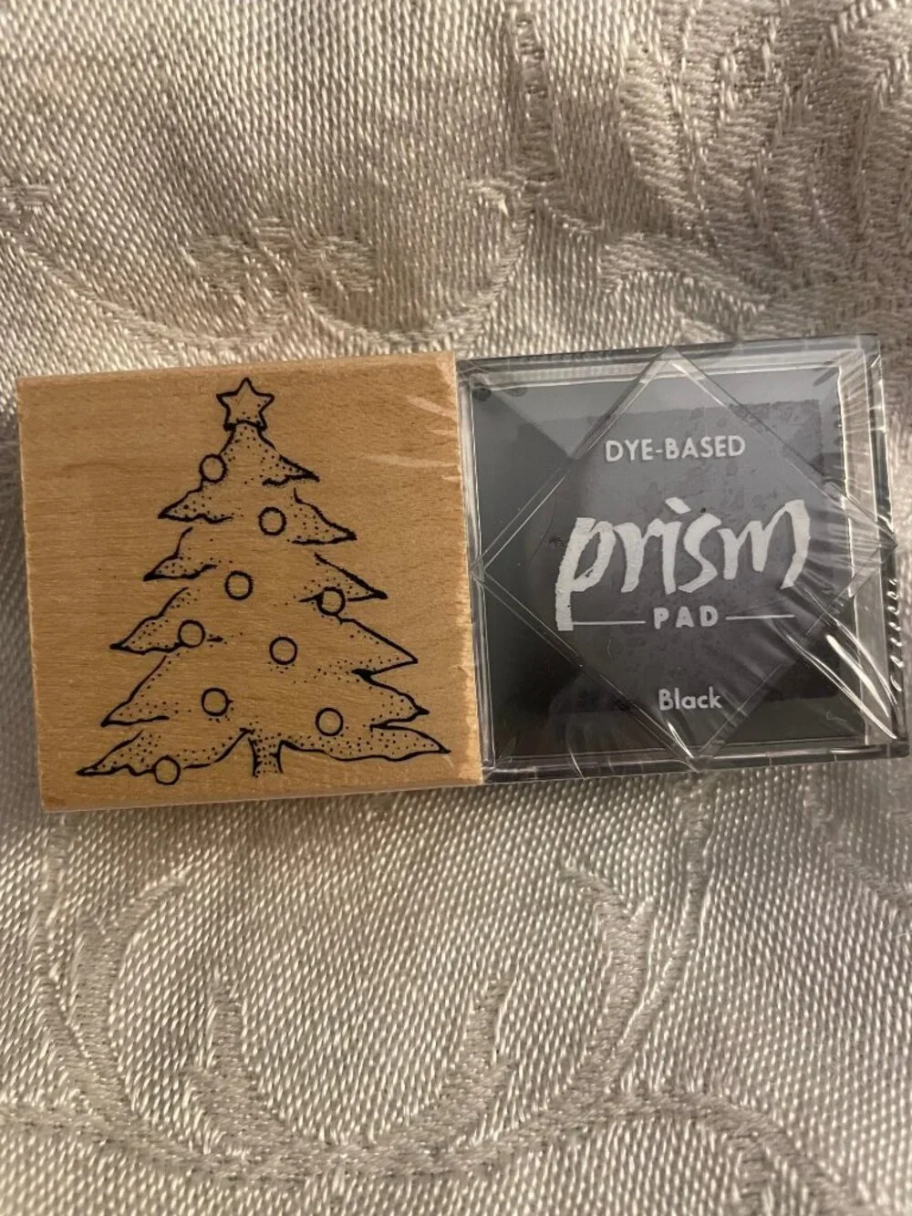 1996 Rubber Stampede Christmas Tree Stamp with Wood Top and Black Prism Ink Pad